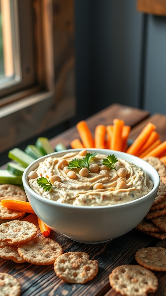 A bowl of creamy tuna and white bean dip surrounded by fresh vegetables and crackers on a wooden table.